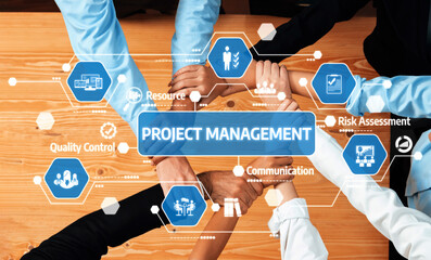 Visual representation of teamwork in project management displaying hands joining together with...