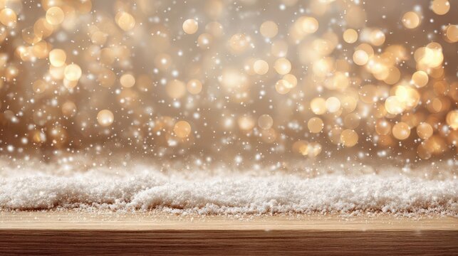 Abstract background featuring blurred golden bokeh lights and white snow on a beige-brown tone, providing a cozy setting for product displays. Ideal for Christmas themes. - Powered by Adobe
