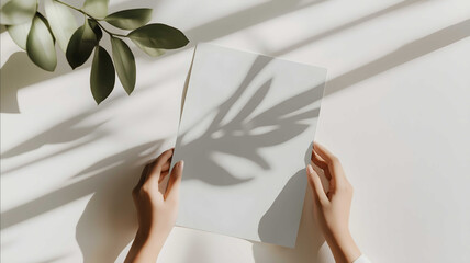 Poster mockup Minimalistic poster design with a womans hands holding the vertical poster on a light background The colors are muted with a simple yet elegant style T