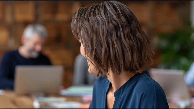 Asian woman smiling and writing at a modern shared office space. Blurred background with coworkers working on laptops. Bright, collaborative atmosphere.