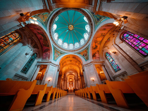 Wide angle interior view of a grand cathedral with blue dome and stained glass