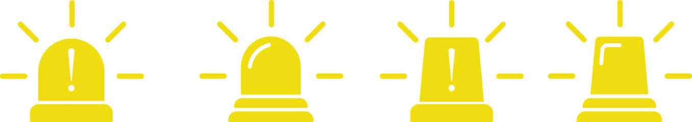 Siren icon set, vector of emergency alarm and police light symbols in  style, warning signal collection, alert beacon, flashing lamp, safety bundle isolated on transparent background.