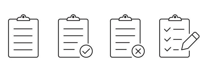 Clipboard thin line icon set vector. Checklist on the clipboard line icon with checkmarks, checklist, document, pencil. Clipboard outline icons. Checklist symbol. Editable stroke.  © Graphic Core Studio 