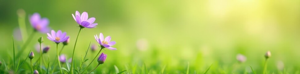 Fototapeta premium Delicate purple wildflowers sway in the gentle breeze against a soft pastel green grassy field, outdoors, soft purple flowers
