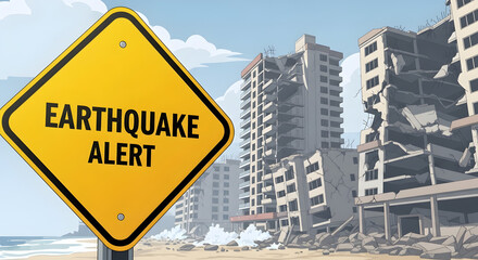 Obraz premium Earthquake Alert Sign with Damaged Buildings - Coastal Devastation