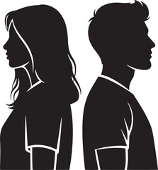 Silhouette of couple with relationship problems, man and woman in conflict, back to back, representing breakup or divorce