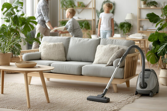 A family is busy with household chores in a bright, modern living room filled with lush green plants. A vacuum cleaner is ready for use in the foreground.
