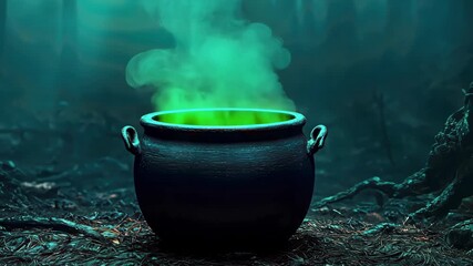 Mysterious green smoke rises from cauldron in enchanted forest scene - Powered by Adobe