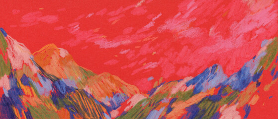 Colourful hand painted landscape. Colored pencils on paper. Versatile artistic image for creative design projects: posters, banners, websites, cards, prints, wallpapers. Artist-made art.