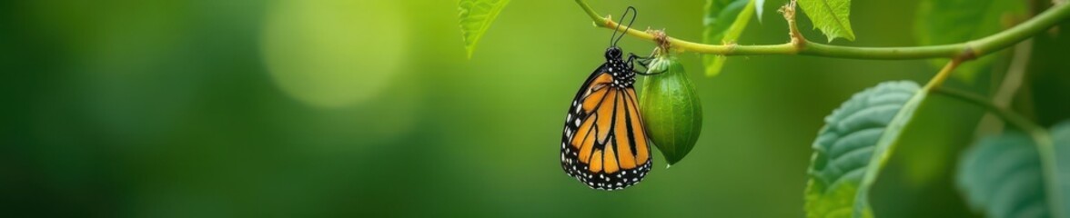 Fototapeta premium Close-up of a monarch butterfly emerging from its chrysalis , image, change, emergence