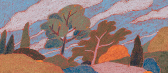 Abstract hand painted landscape. Colored pencils on paper. Versatile artistic image for creative design projects: posters, banners, websites, cards, prints, wallpapers. Artist-made art.