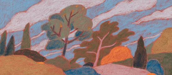 Abstract hand painted landscape. Colored pencils on paper. Versatile artistic image for creative design projects: posters, banners, websites, cards, prints, wallpapers. Artist-made art. © tofutyklein