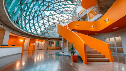 Modern architectural interior with orange spiral staircase and glass dome ceiling