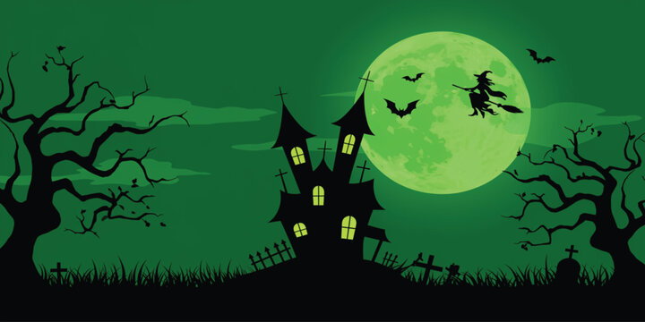 A Halloween-themed illustration showcasing a haunted house, a witch flying on a broom, a full moon, and spooky trees in a vibrant green night.
