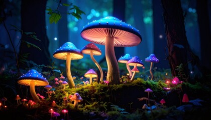 Glowing mushrooms creating a magical atmosphere in an enchanted forest at night