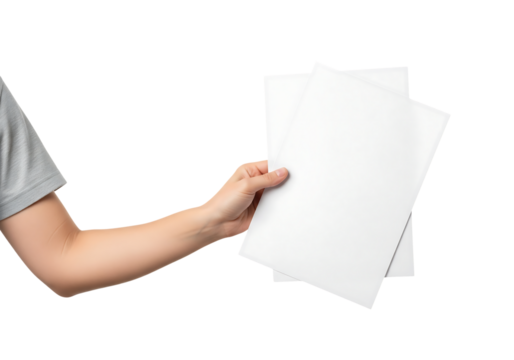 Hand holding two blank white A4 paper sheets or flyers. Mockup for design. Isolated on transparent background, png