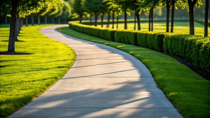 Obraz premium A gently curving concrete pathway winds through a manicured park with lush green grass and a neatly trimmed hedge under dappled sunlight