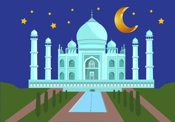 Taj Mahal of India world heritage landmark night cartoon illustration