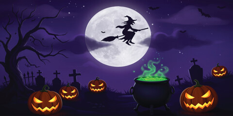 A captivating Halloween scene featuring a witch flying on a broomstick over a graveyard at night.