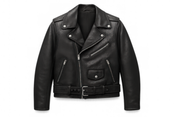 Studio shot of a stylish black leather biker jacket, showcasing its design and texture against a transparent background