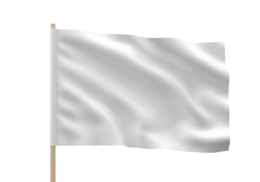 Waving white flag on a wooden pole. Blank banner for design mockup. Isolated on transparent background, png