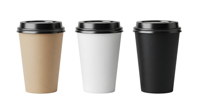 Three coffee cups craft, white, and black for mockup. To go paper cup set. Isolated on transparent background, png