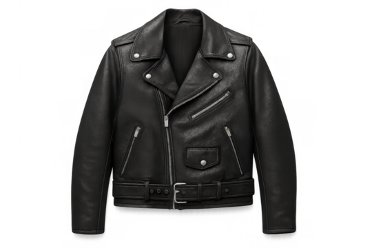 Studio shot of a stylish black leather biker jacket, showcasing its design and texture against a transparent background