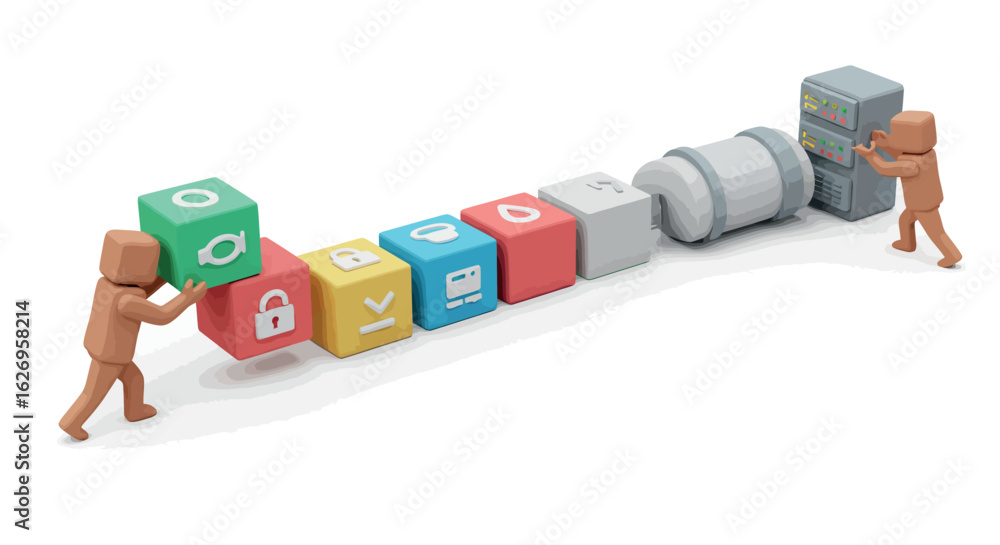 Poster isometric robotics and technology with colorful cubes and 3d figures