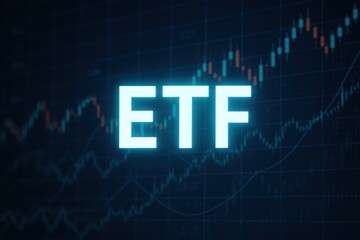 Glowing "ETF" text overlaying a dark stock market graph with fluctuating candlestick and line charts, symbolizing investment and trading.