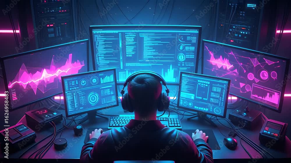 Poster innovative technology workspace showcasing a focused individual engaged with multiple high-tech scre