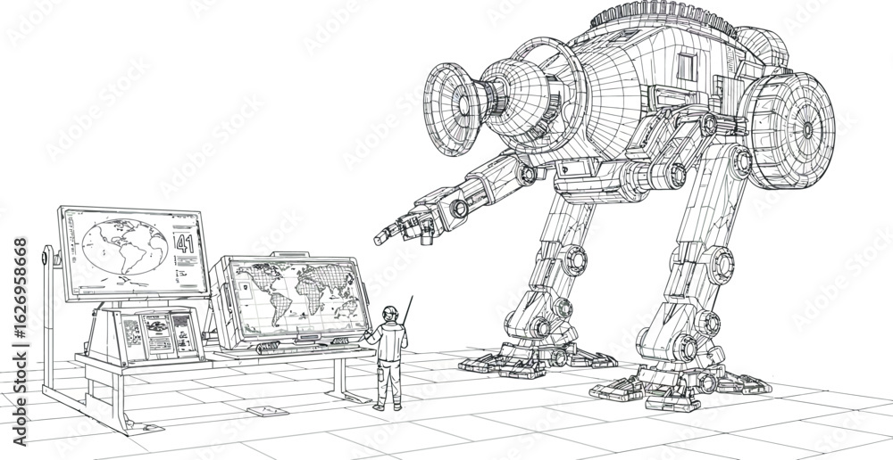 Poster futuristic wireframe robot and scientist in a high-tech laboratory setting