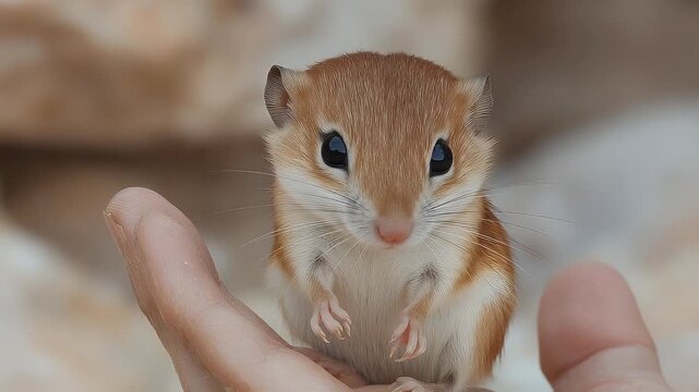 Captivating Macro Close-Up: Adorable Small Rodent Gently Held in Human Hand, Observing