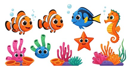 Cute Coral Reef Characters – Cartoon Vector Illustration