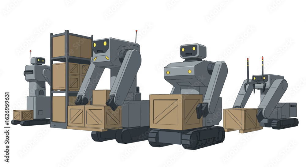 Poster autonomous delivery robots transporting cargo in a warehouse environment