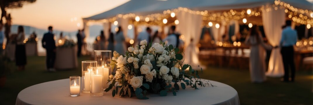 Beautifully decorated outdoor wedding reception at sunset, featuring floral arrangements, glowing candles, and guests mingling under string lights and tents.