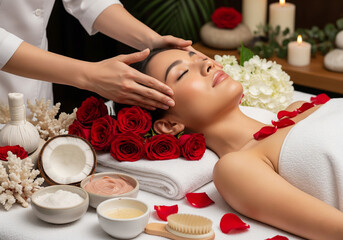 Asian woman receiving rose and coconut oil facial massage, luxury spa treatment scene with red roses and white hydrangeas, natural skincare concept, perfect for editorial wellness articles, luxury spa