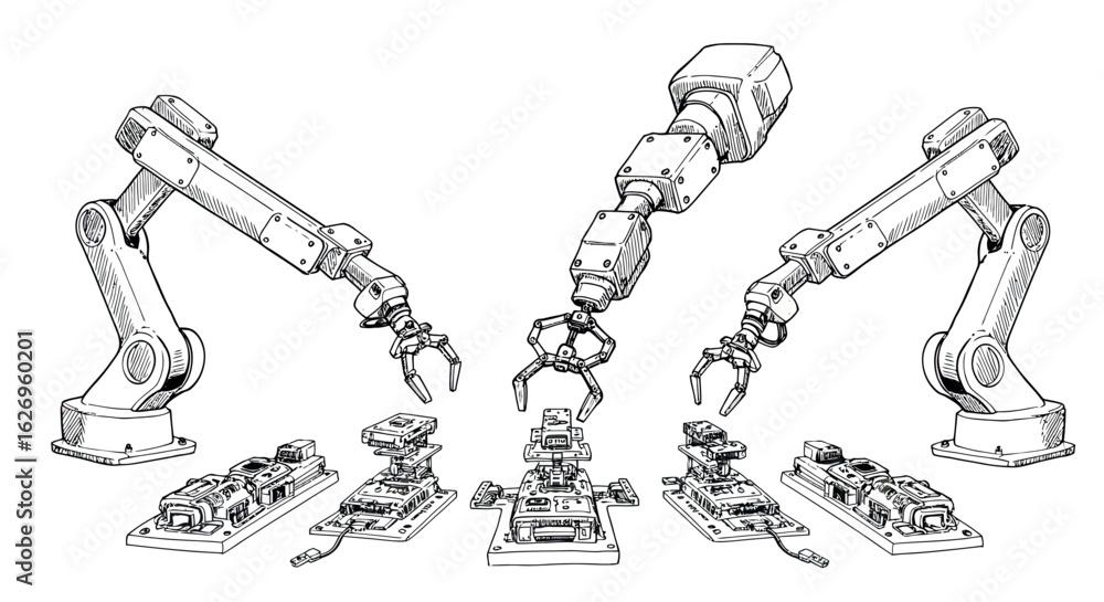 Poster robotic arms assembling electronics circuitry in sketch style