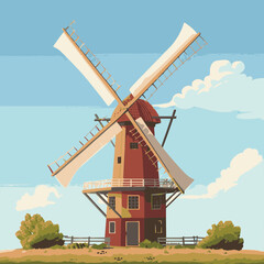 Colorful digital illustration of a windmill surrounded by greenery under a blue sky