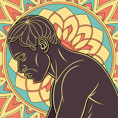 Artistic portrait of a male artist against a vibrant mandala background