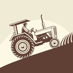 Vintage style illustration of a farmer driving a tractor on a hill