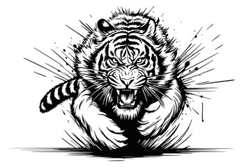 Dynamic black and white illustration of a roaring tiger charging forward
