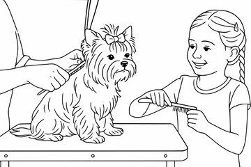 Line art illustration of a girl grooming a Yorkshire Terrier puppy in a pet salon