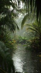 Lush green jungle with dense palm leaves and a calm river surface rippling under steady rain, creating a serene natural atmosphere.