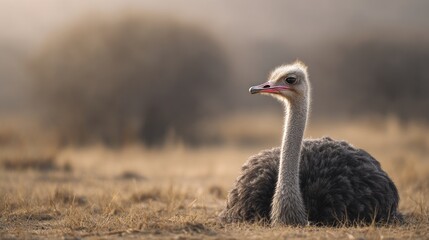 Ostrich sitting on dry grass in natural habitat during sunset