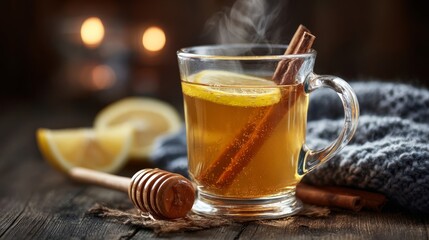Hot toddy cocktail with lemon slice, honey, cinnamon stick in clear glass mug