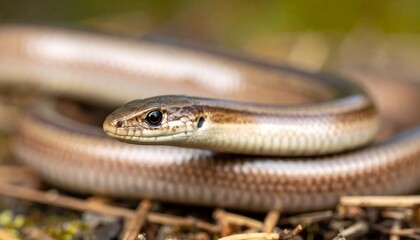 Obraz premium Close-up of a slender, coiled lizard-like reptile on the forest floor