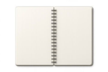 Open spiral notebook with blank white pages showing on transparent background