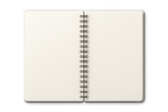Open spiral notebook with blank white pages showing on transparent background