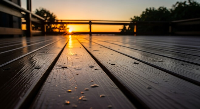 Closeup of an outdoor exterior freshly stained or painted dark brown wooden deck at sunset