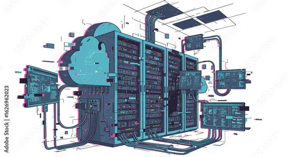 Poster futuristic data center with cloud computing elements in a digital glitch aesthetic